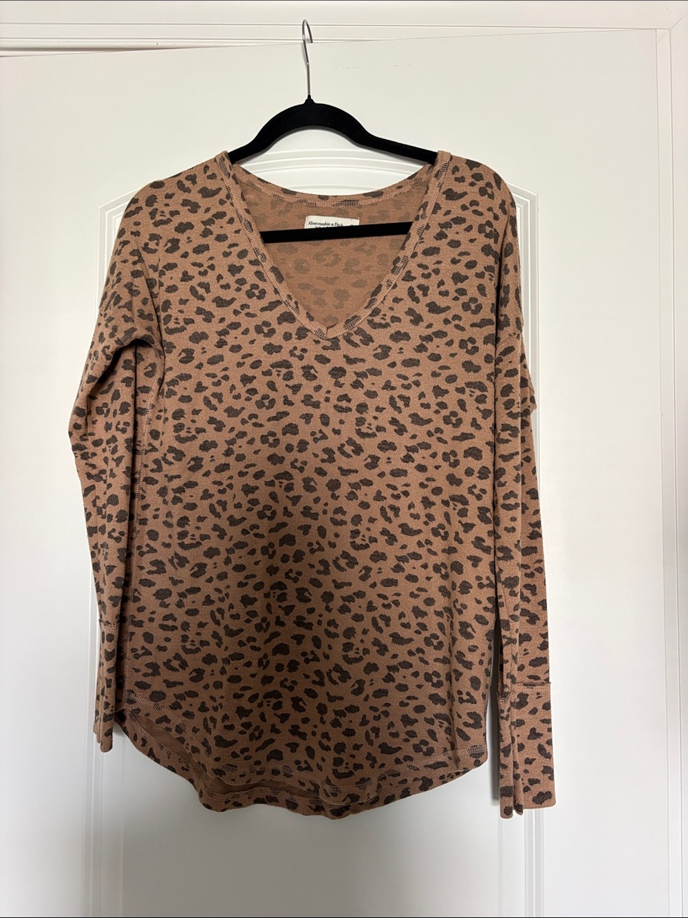 Abercrombie & Fitch Tan Leopard Print V-Neck Long Sleeve Top